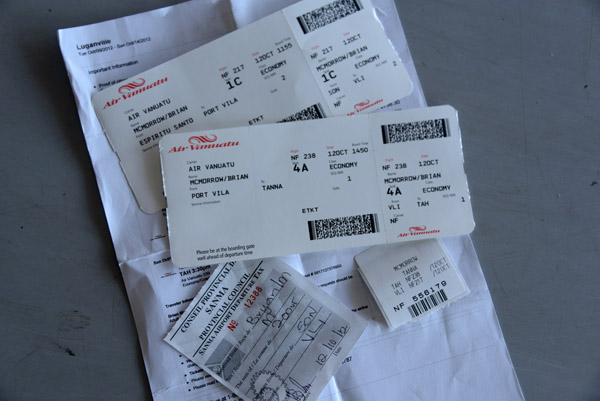 Boarding passes for the domestic sectors from Santo to Port Vila and Port Vila to Tanna