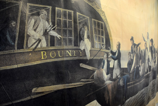 Engraving of the Mutiny on the Bounty as Captain Bligh tossed a sword before being set adrift