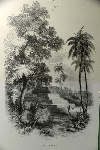 Engraving of Fai Toka, the tired burial mound and spirit house of a high Tongan chief, late 1700s