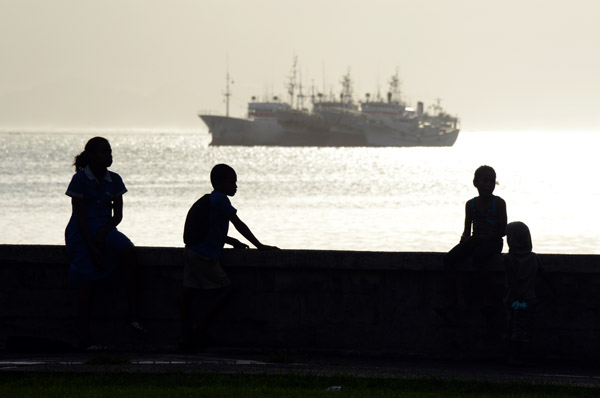 Silhouettes on the Suva waterfront with fishing trawlers moored off shore