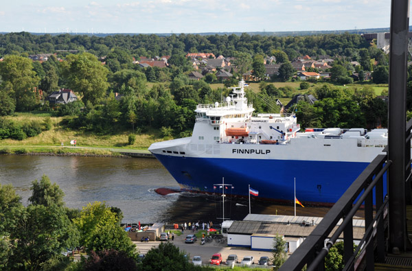 We're in luck as there's a large ship passing under the Rendsburg Bridge