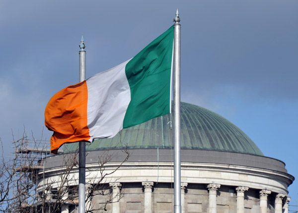Irish flag and the dome of Four Courts, Dublin
