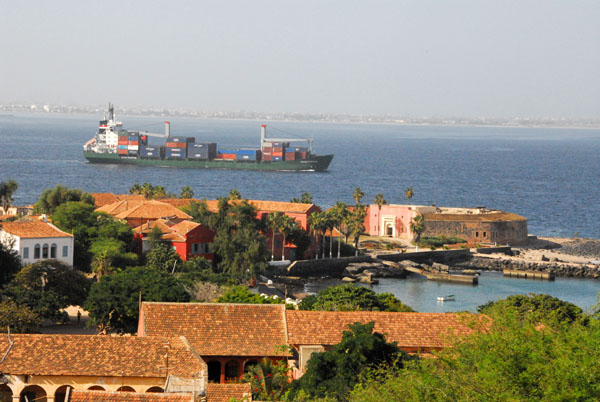 Container ship passing Île de Gorée