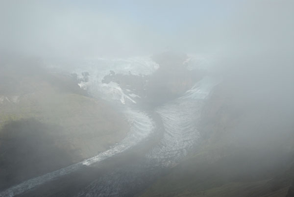 The summit was in and out of clouds obscuring the view of Morsar glacier