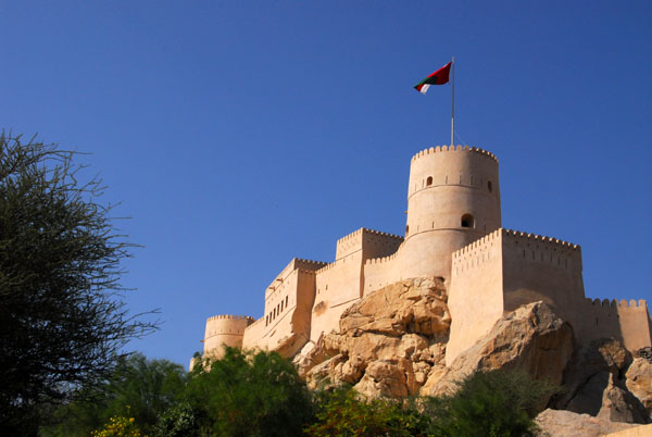 Nakhl Fort is located inland from Barkha on the road to Rustaq at the base of the Western Hajar Mountains