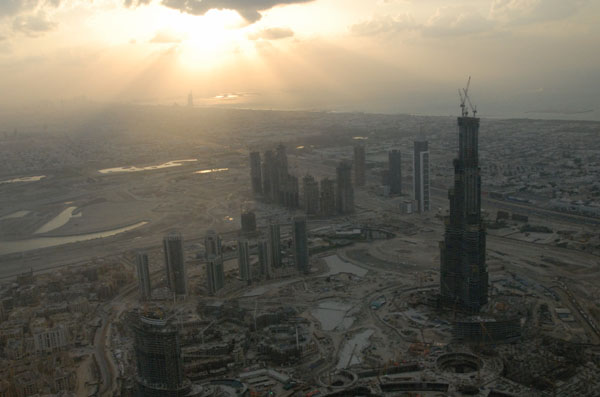 Burj Dubai aerial with sunset