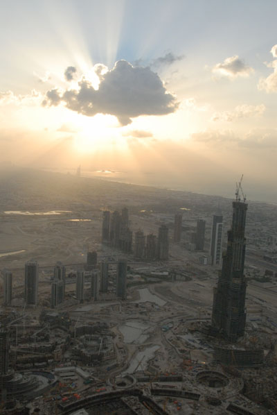 Burj Dubai aerial with sunset