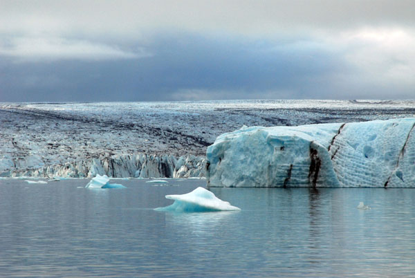 Breiamerkurjkull calves huge glacial icebergs into the lagoon