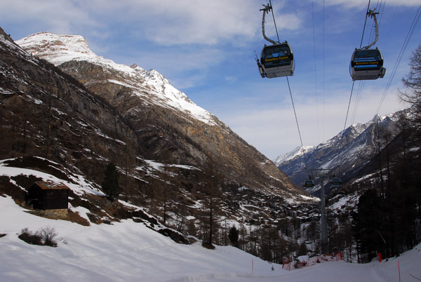 Matterhorn Express gondola runs from Zermatt to Schwarzsee Paradise