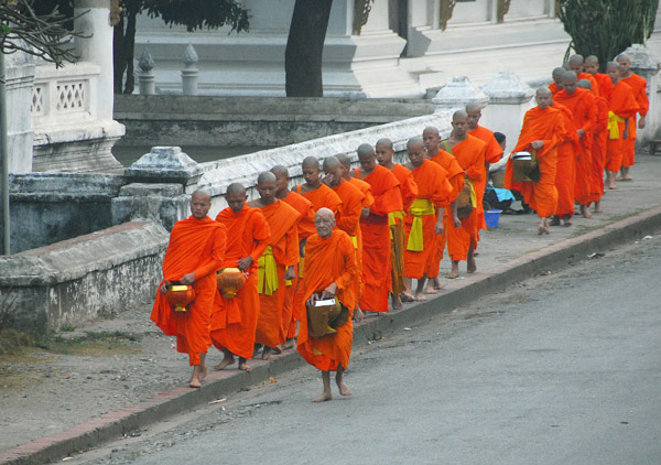 Monks walking to collect their morning alms