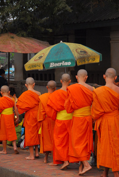 Monks and a Beerlao umbrella