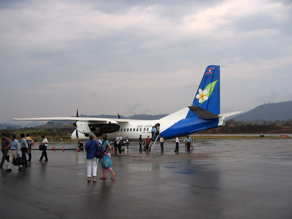 Lao Airlines Chinese-built MA60 turboprop arriving at Luang Prabang