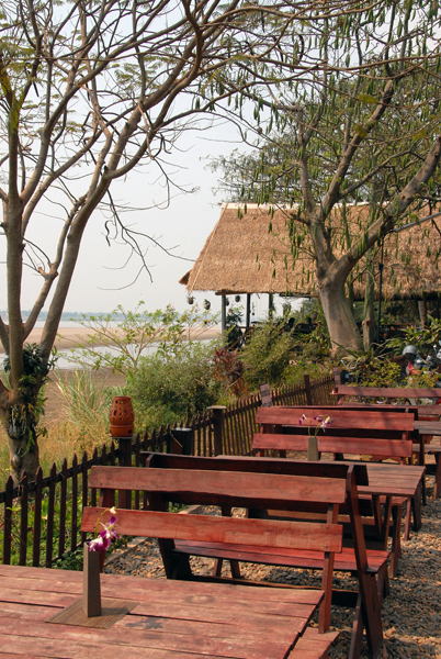 Ourdoor patio overlooking the Mekong, Spirit House