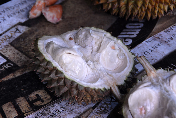 An opened durian fruit, famous for its strong odor