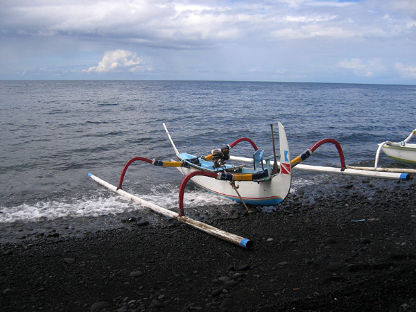 Outrigger canoe used for boat dives at Tulamben, though most diving is from the beach