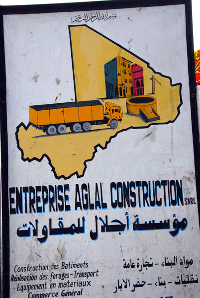 Construction company sign with the outline of Mali