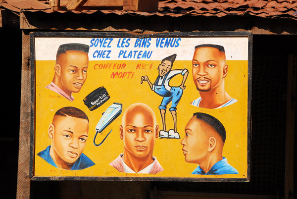 Hairstyles on display at a salon in Mopti
