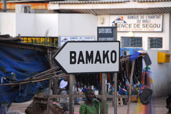 Roadsign in Ségou back towards Bamako, 235km