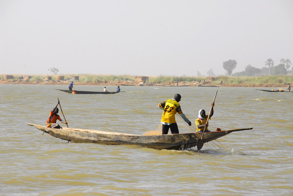 Dad pulls in the fishing nets on a pirogue, Niger River, Mali