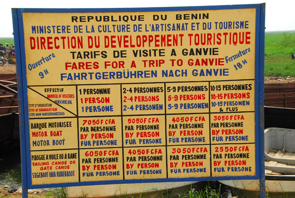Table of official fares for tourist visits to Ganvié