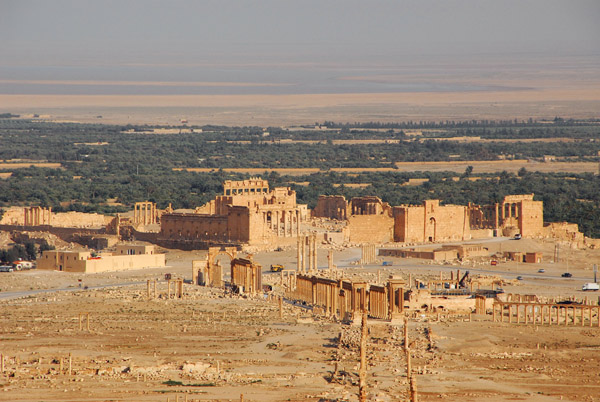View of the extensive ruins of the ancient city of Palmyra (Roman 2nd C. AD) and the palm oasis