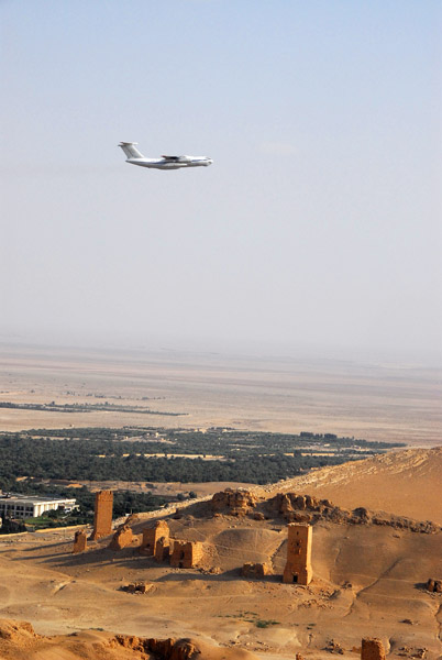 Russian-built transport flying over the Palmyra Necropolis