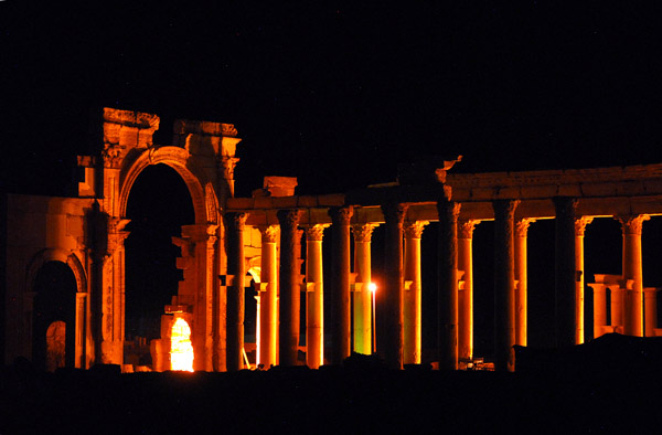 Colonnade and Monumental Arch, Palmyra, illuminated at night