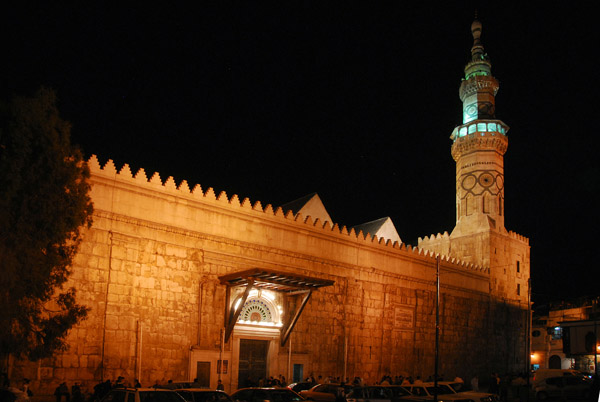 Western facade of the Umayyad Mosque at night, Damascus