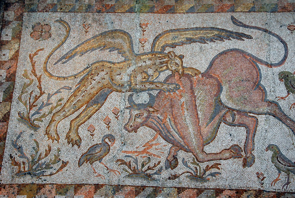 Mosaic - mythological griffin hunting a bull