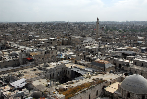 Looking down on the Old City of Aleppo with the Khan al-Joumrok (?), an old caravanserai