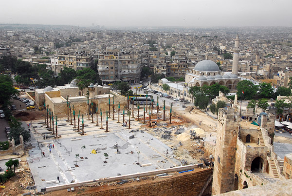 View of the plaza at the main entrance to the Citadel of Aleppo, undergoing renovations