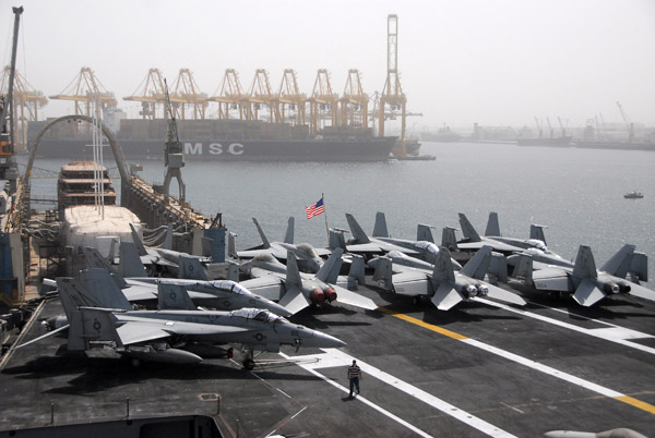 Flight deck of the USS Nimitz at the port of Jebel Ali