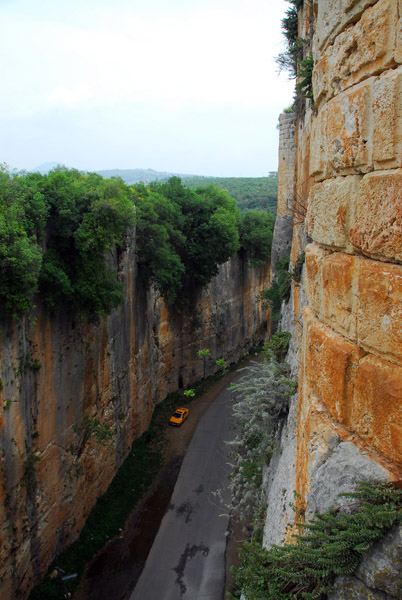 The hand-cut gorge forming the eastern defense of Saone Castle