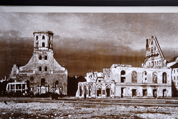 Historic photograph of St. Peter's Churh and the House of Blackheads from World War II