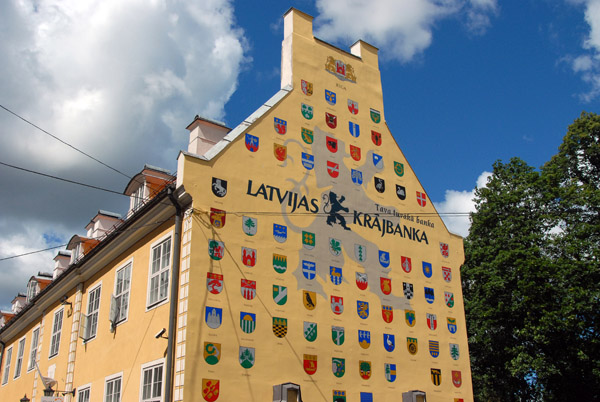 Ad for Latvijas Krajbanka on the side of Jacob's Barracks