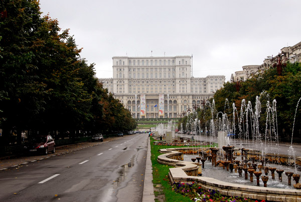 Blvd Unirii, formerly Boulevard of the Victory of Socialism, looking west to the Casa Poporului, the House of the People