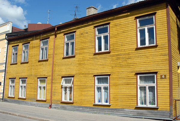 Brightly painted wooden house near Koidula Park, Prnu