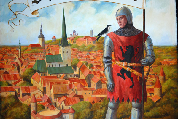 Painting of a knight with the old town on a souvenir shop, Toompea