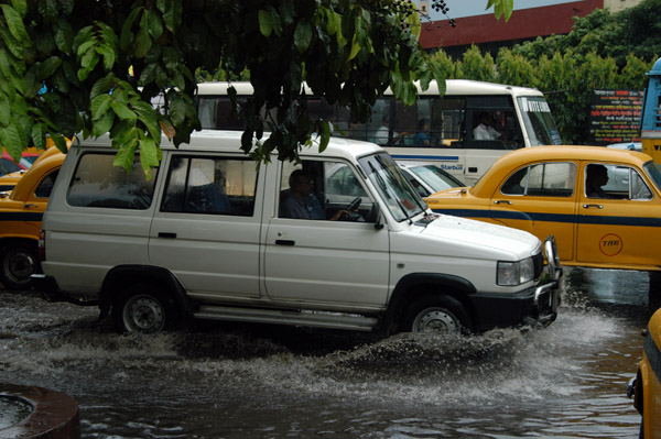 Flooded road in Calcutta during monsoon season