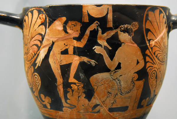 Greek red-figure pottery vessel with young Eros