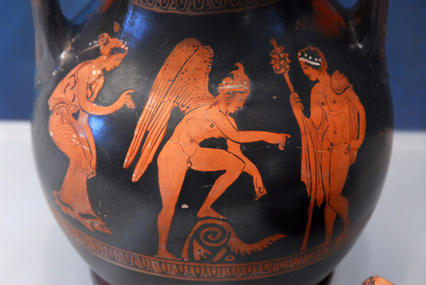 Greek red-figure pottery vessel with Eros