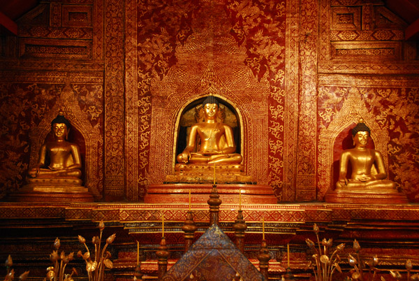 Phra Singh Buddha in Phra Wihan Lai Kham, named after the gold pattern stenciling on the back wall