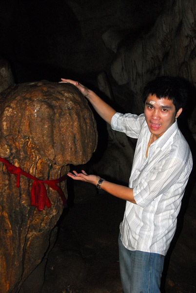 Jeng with phallic rock, Chiang Dao