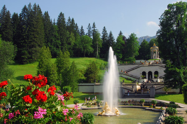 Looking from the main palace to the Venus Temple across the Water Parterre, Linderhof Palace