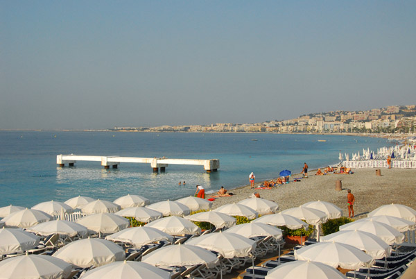 Hotel beach with umbrellas along Promenade des Anglais, Nice