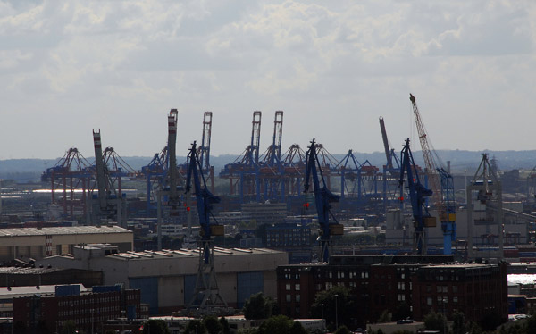 Cranes of the Port of Hamburg from Nikolaikirche