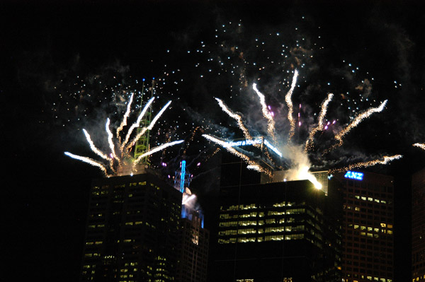 Fireworks were also lit on buildings in downtown Melbourne