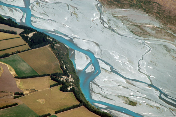 Milky blue glacial runoff, Rakaia River, New Zealand