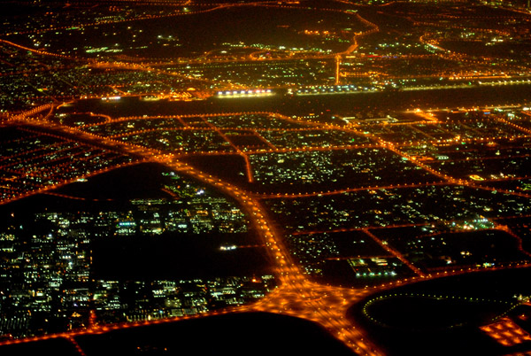 Dubai at night looking west towards the airport