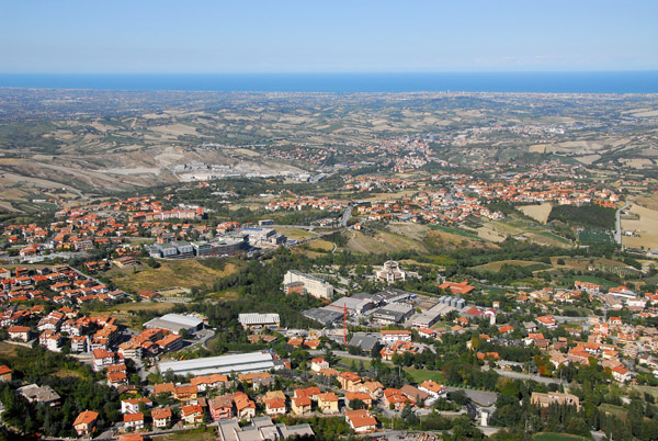 View from the top of Mount Titano, San Marino, northeast to Rimini and the Adriatic coast of Italy